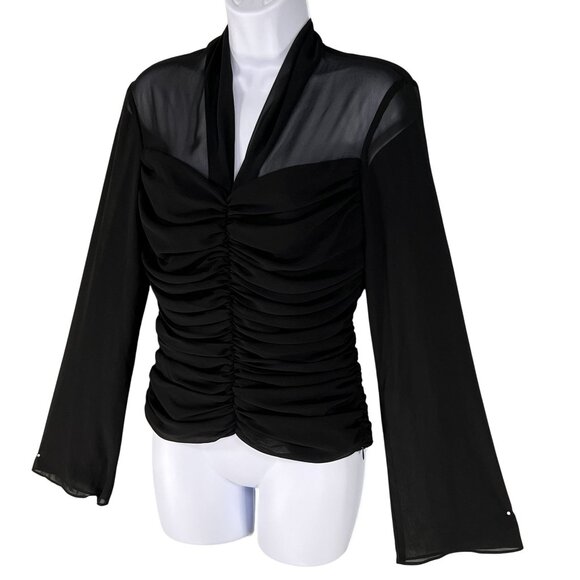 JS Boutique Womens 8 Ruched Black Long Bell Sleeve Blouse Coquette Vampy Top - Picture 10 of 16